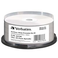 Verbatim BD-R, Single Layer Wide Printable No ID Surface Hard Coat, 25GB, cake box, 43738, 6x, 25-pa